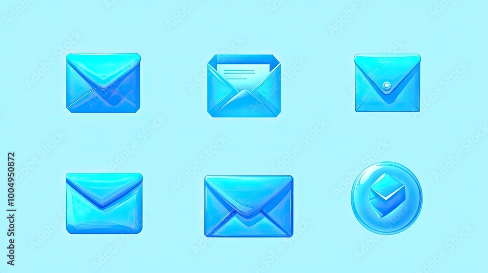 Six glossy blue 3D envelope icons with various states, including unopened, opened, and checked. Six glossy blue 3D envelope icons with various states, including unopened, opened, and checked.