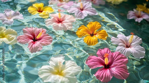 Beautiful background of clear water with colorful hibiscus flowers floating photo