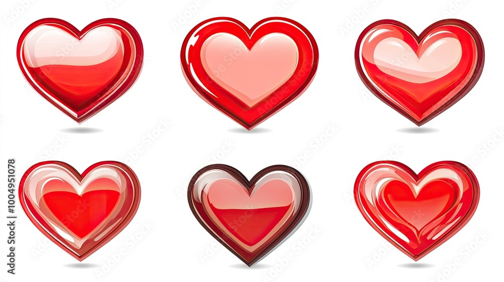 Six glossy red hearts with variations in color and shading isolated on a white background. Six glossy red hearts with variations in color and shading isolated on a white background.