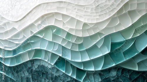 Irregular sea glass mosaic wall with wavy design, pale aqua, opal white, navy, textured like ocean waves, shimmering lighting, futuristic design, detailed digital art photo