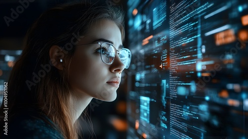 Young woman IT specialist learning cybersecurity, digital code and holographic AI elements merging with her workspace, augmented reality visuals, double exposure