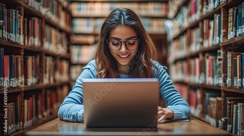 Young woman using laptop in library. This image can be used for concepts such as education, research, and technology.