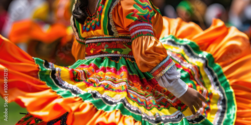 A close-up of a dancer in traditional costume, with vibrant colors and intricate details photo