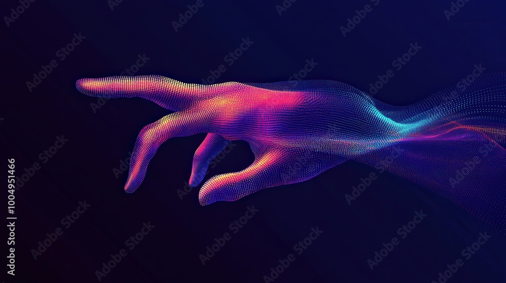 Technological Connection - Abstract Digital Wave with Hand Shape Vector on Dark Blue Background Technological Connection - Abstract Digital Wave with Hand Shape Vector on Dark Blue Background