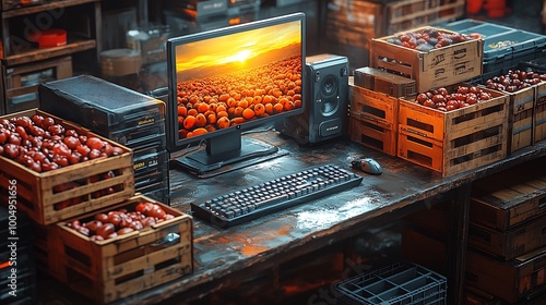 Computer desk with computer monitor showing sunset over a field of red flowers, with red onions in wooden crates