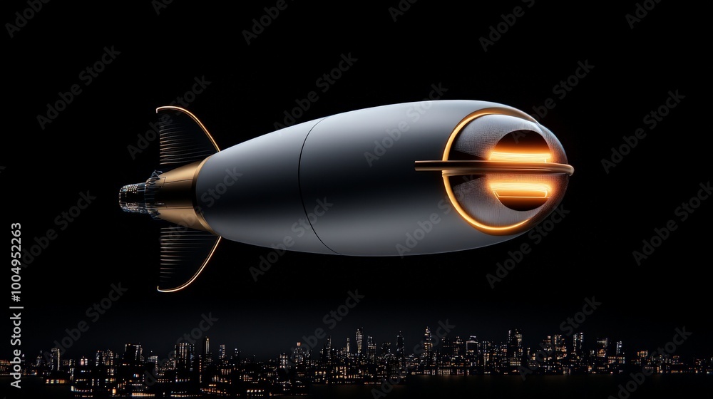 Futuristic Airship Soaring Above Cityscape: A sleek, modern airship with golden accents soars above a dense cityscape, evoking a sense of futuristic innovation, progress, and urban exploration. Futuristic Airship Soaring Above Cityscape: A sleek, modern airship with golden accents soars above a dense cityscape, evoking a sense of futuristic innovation, progress, and urban exploration.