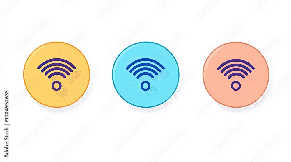 Three colorful round buttons with wifi symbol, yellow, blue, and peach. Three colorful round buttons with wifi symbol, yellow, blue, and peach.