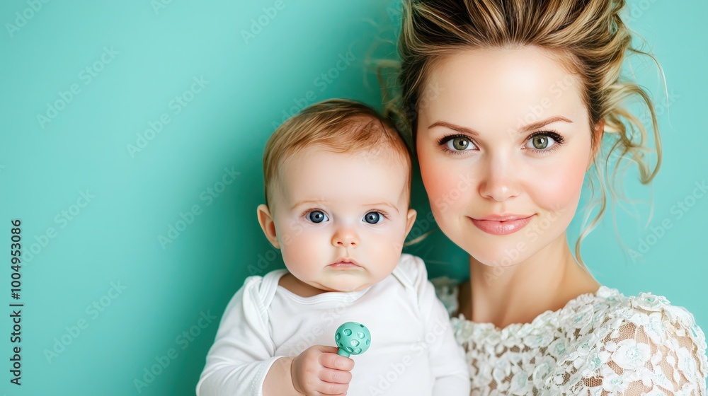 Happy Mother and Baby Girl Playing with Rattle Toy Studio Portrait Happy Mother and Baby Girl Playing with Rattle Toy Studio Portrait