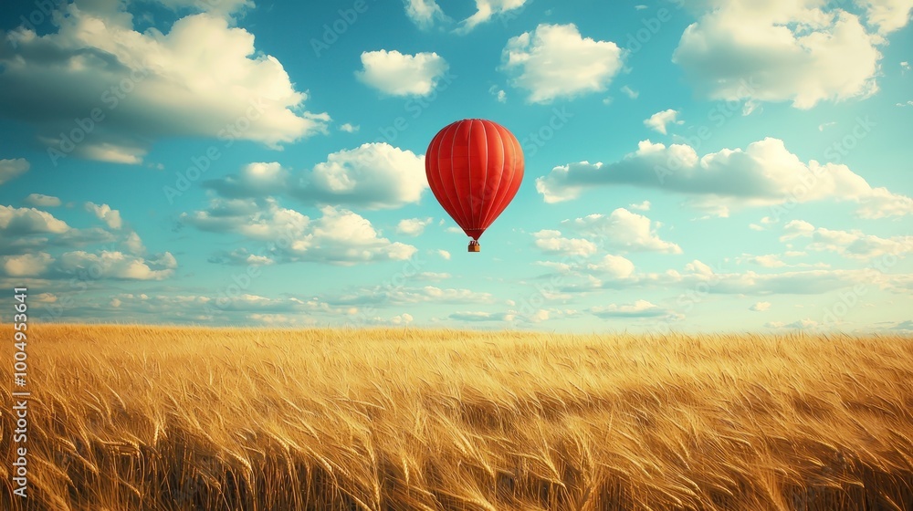 Obraz premium Red hot air balloon floating over the golden wheat field