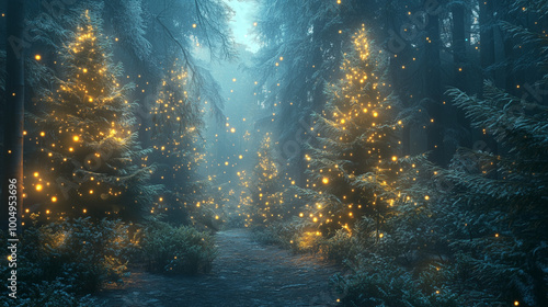 Magical forest with christmas trees and glowing lights 