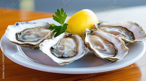 Freshly Shucked Oysters Garnished with Lemon Wedge on White Plate photo