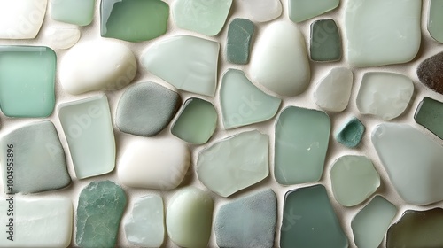 Muted seafoam, pale green, and gray sea glass tiles form a mosaic wall, mimicking smooth stones on a windswept beach, minimalist and calming photo