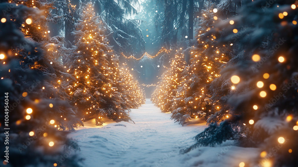 Magical forest with christmas trees and glowing lights
Magical forest with christmas trees and glowing lights