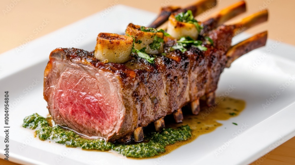 Juicy Seared Ribeye Steak on Plate with Pesto Garnished Vegetables Juicy Seared Ribeye Steak on Plate with Pesto Garnished Vegetables