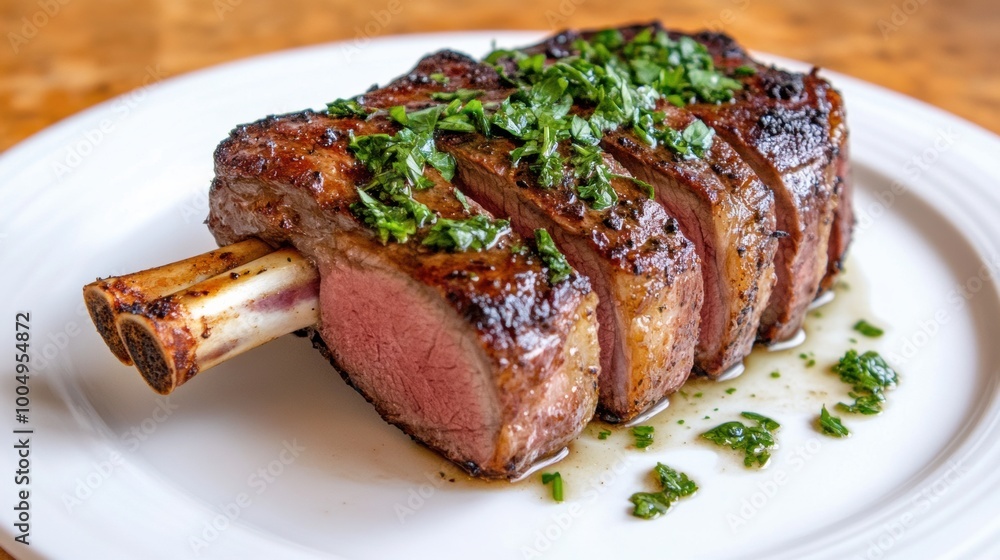 Seared Ribeye Steak with Savory Herb Garnish on Dining Plate Seared Ribeye Steak with Savory Herb Garnish on Dining Plate