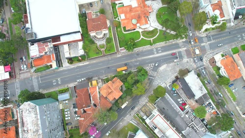 Center of the Batel neighborhood, in the city of Curitiba, state of Paraná, southern Brazil, aerial drone tour between the buildings