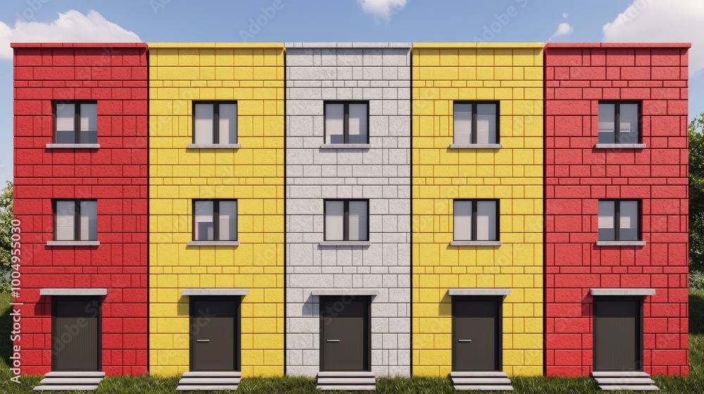 Obraz premium Colorful Townhouses with Brick Facade and Black Doors Exterior Design