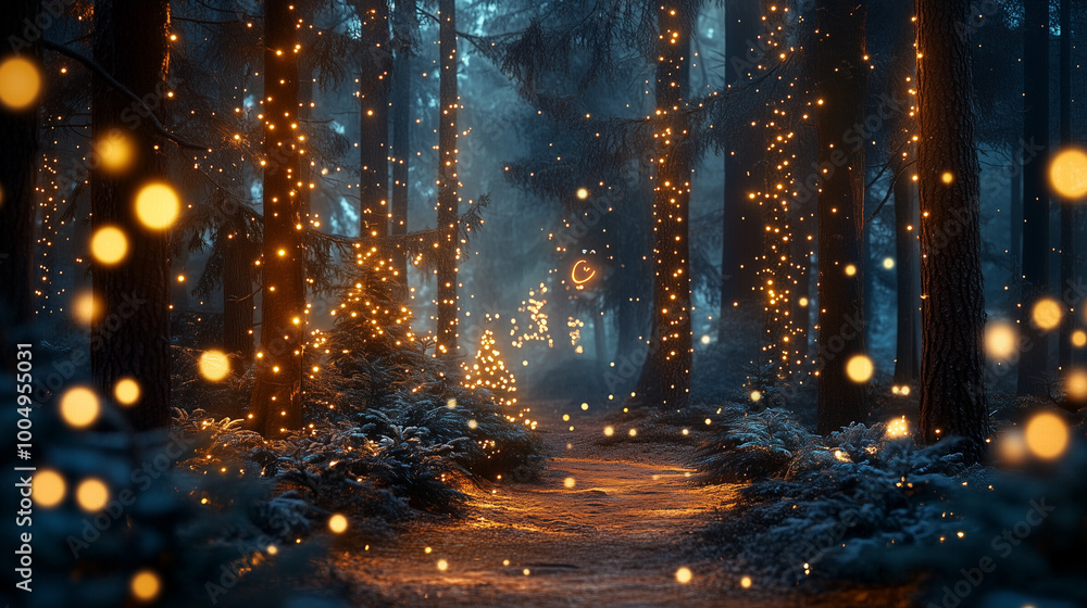 Magical forest with christmas trees and glowing lights
Magical forest with christmas trees and glowing lights