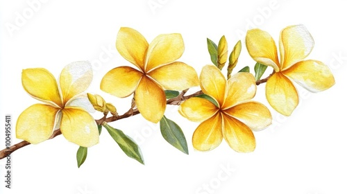 Watercolor painting of a branch of yellow plumeria flowers with green leaves, isolated on a white background.