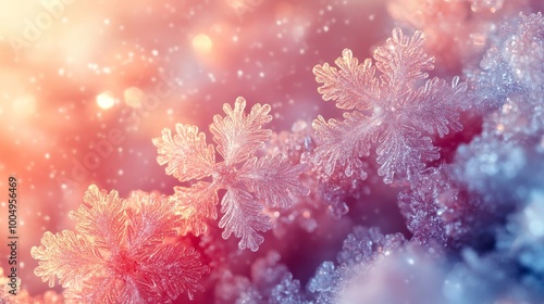 Close-up of delicate snowflakes in colorful