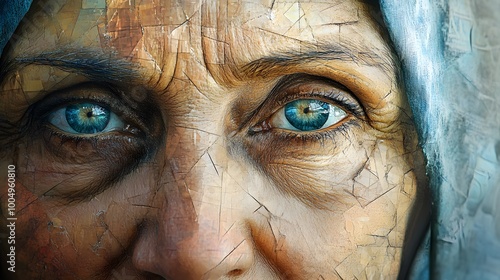 Wallpaper Mural Elderly Muslim woman's face dissolving into geometric shapes and fading textures, symbolizing the disconnection caused by Alzheimer's. Abstract, soft pastel colors, surrealist style Torontodigital.ca