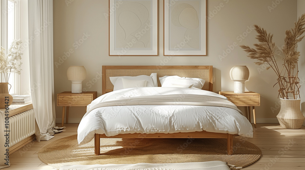 A serene and modern bedroom featuring wooden bed frame, soft white bedding, and stylish decor. warm tones and natural elements create cozy atmosphere perfect for relaxation. A serene and modern bedroom featuring wooden bed frame, soft white bedding, and stylish decor. warm tones and natural elements create cozy atmosphere perfect for relaxation.