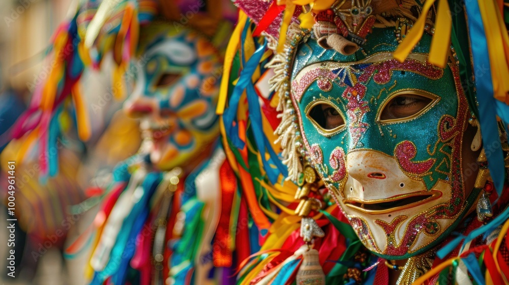 Fototapeta premium Colorful carnival masks with vibrant decorations in a festive atmosphere, showcasing intricate designs and bright feathers, perfect for celebrations and cultural events