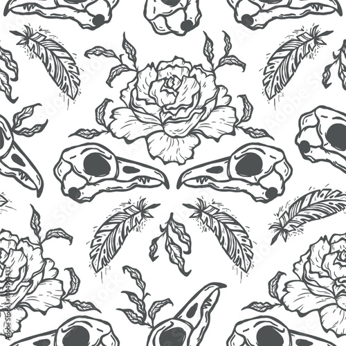 Seamless Vector Pattern with Raven Bird Skulls, Rose Flowers, Leaves and Feathers. The Day of the Dead, Halloween or Gothic and Mystic Design. Black and white background