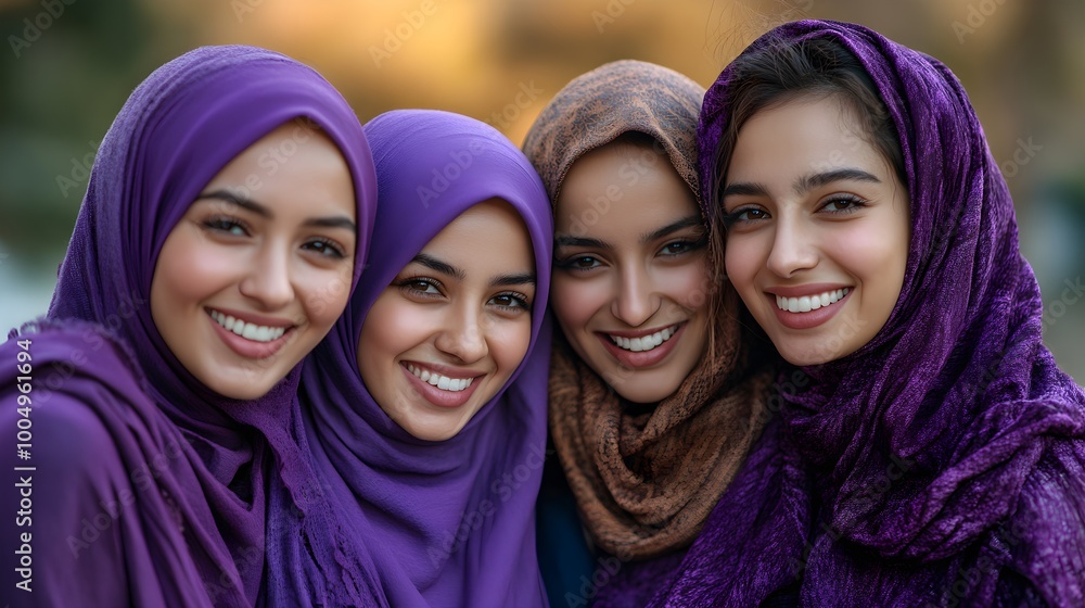 Group of hijabi women in purple hijabs, laughing and enjoying each other's company, inclusive friendship, International Women's Day, diverse representation Group of hijabi women in purple hijabs, laughing and enjoying each other's company, inclusive friendship, International Women's Day, diverse representation