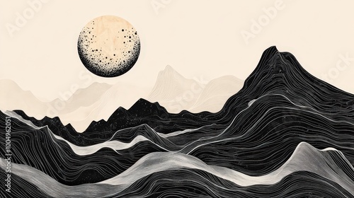 Mystical Mountain Landscape: Modern Black and White Moonlit Design on Pastel Background photo