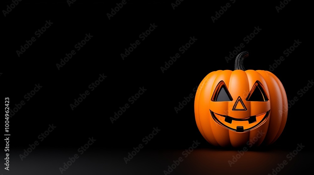 Smiling Pumpkin on Black: A friendly jack-o'-lantern with a classic carved grin sits on a dark background, ready to light up your Halloween celebrations. A simple, inviting image perfect for banners. Smiling Pumpkin on Black: A friendly jack-o'-lantern with a classic carved grin sits on a dark background, ready to light up your Halloween celebrations. A simple, inviting image perfect for banners.
