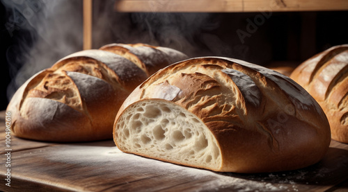 Hot bread freshly baked in the oven with a crispy crust made from white wheat flour that is still steaming. In the background of the bakery is an oven with shelves for bakery products. Close-up