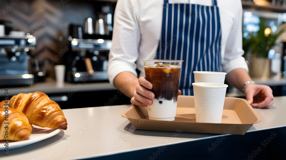 Barista serving iced coffee and croissants at a coffee shop counter. Barista serving iced coffee and croissants at a coffee shop counter.