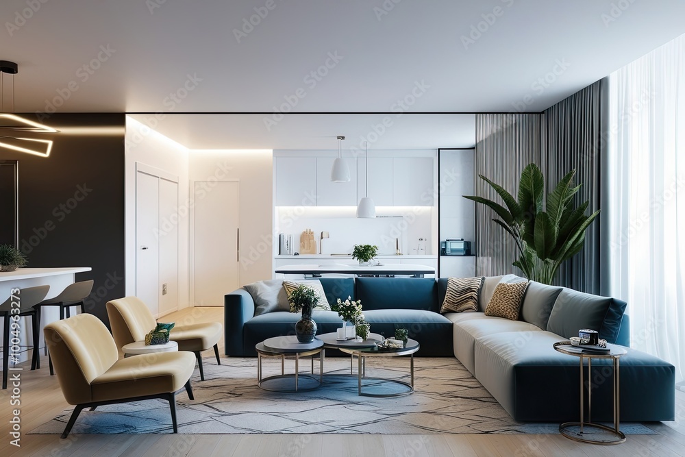 Fototapeta premium Modern Apartment Living Space with Bright Open Concept and White Background Design