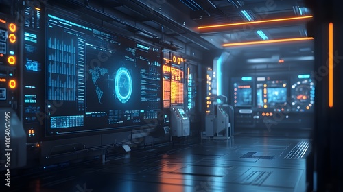 A sleek AI-driven quality control room, robots using advanced sensors, walls lined with glowing data charts, futuristic laboratory environment