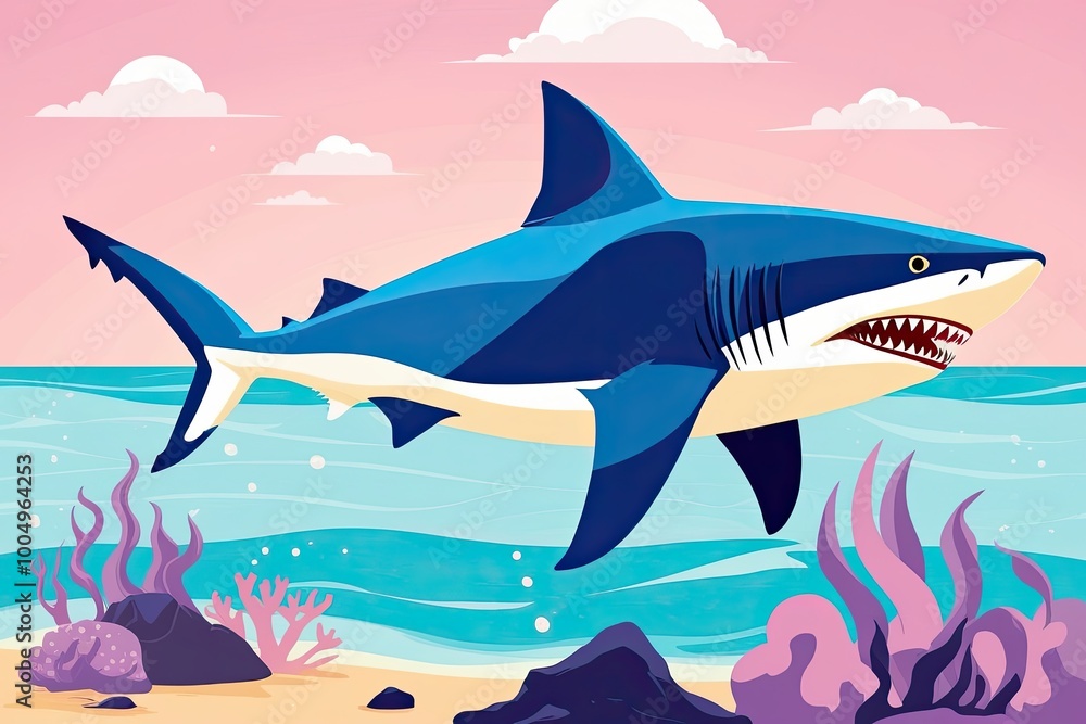 Obraz premium Stylish Illustration of a Fantastical Shark in Oversized Sunglasses Swimming in a Dreamlike Pastel Ocean