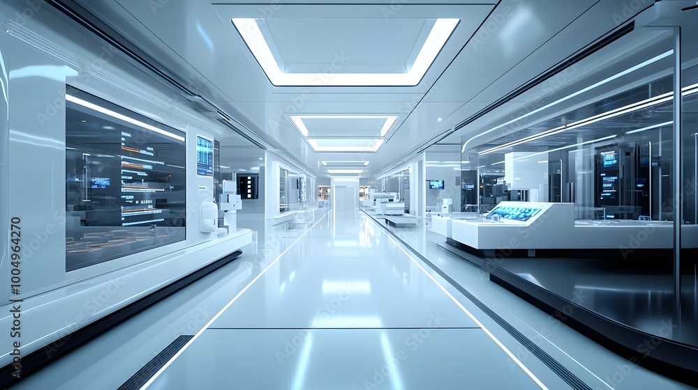 Obraz premium A futuristic, spotless factory floor, sleek AI-powered machines analyzing food samples under sterile white lights, advanced tech screens displaying data