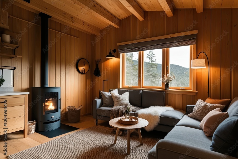 Fototapeta premium Cozy Scandinavian Cabin Design Embracing Warmth and Natural Light