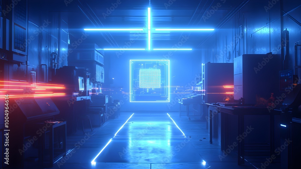 AI-powered quality control system in a food factory, laser beams highlighting contamination points, the scene bathed in blue neon lights, cyberpunk, ultra-detailed AI-powered quality control system in a food factory, laser beams highlighting contamination points, the scene bathed in blue neon lights, cyberpunk, ultra-detailed
