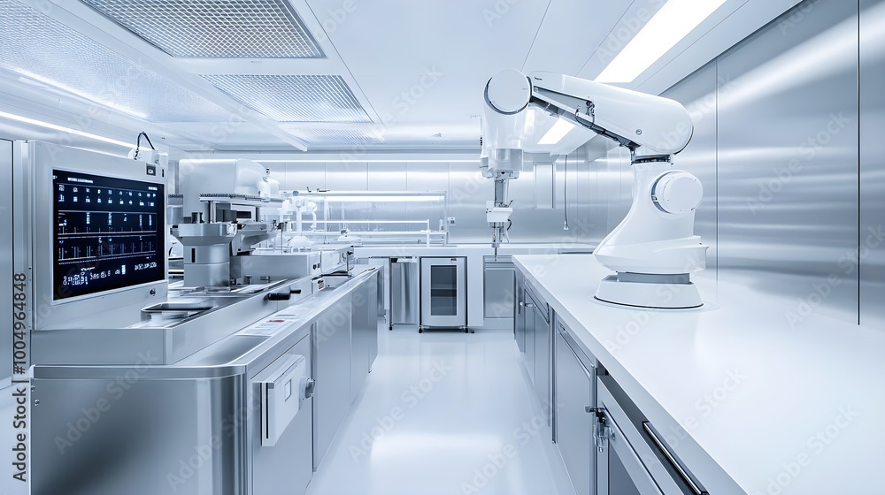 Stainless steel robots in a sterile, high-tech food lab, conducting automatic quality control with digital displays, soft white lighting, minimalistic futuristic design Stainless steel robots in a sterile, high-tech food lab, conducting automatic quality control with digital displays, soft white lighting, minimalistic futuristic design