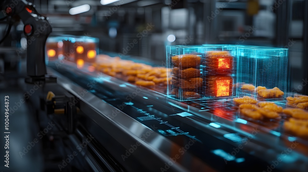 Robotic scanner detecting defects in packaged snacks, illuminated X-ray beams passing through items, futuristic quality control lab Robotic scanner detecting defects in packaged snacks, illuminated X-ray beams passing through items, futuristic quality control lab