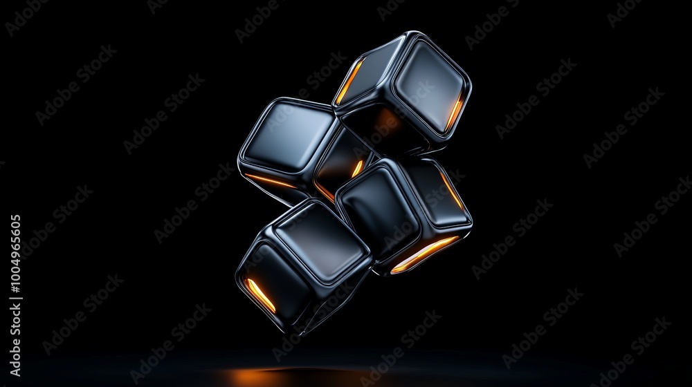 Floating Dark Cubes: Abstract 3D Render of Sleek, Glowing Black Cubes on Black Background Floating Dark Cubes: Abstract 3D Render of Sleek, Glowing Black Cubes on Black Background