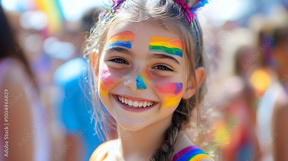 Cheerful child at a pride festival, rainbow tribal face paint, smiling brightly, vibrant crowd in background, back-to-school excitement, inclusive vibe Cheerful child at a pride festival, rainbow tribal face paint, smiling brightly, vibrant crowd in background, back-to-school excitement, inclusive vibe
