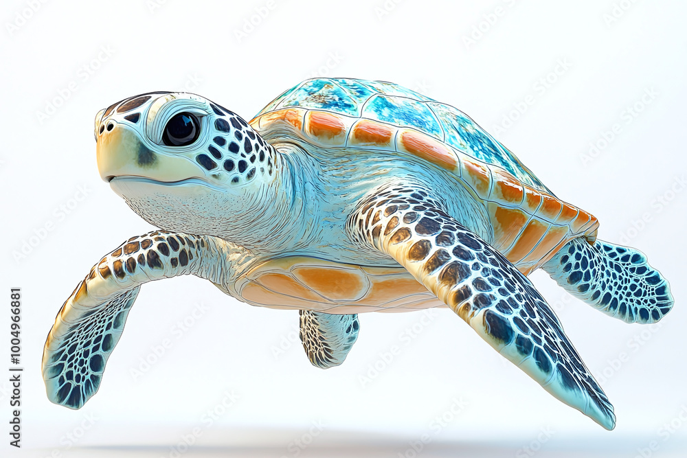 Fototapeta premium Cute Sea Turtle Swimming: A sea turtle in mid-swim against a white background
