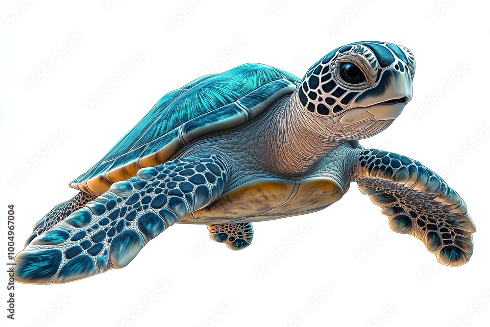 Obraz premium Cute Sea Turtle Swimming: A sea turtle in mid-swim against a white background