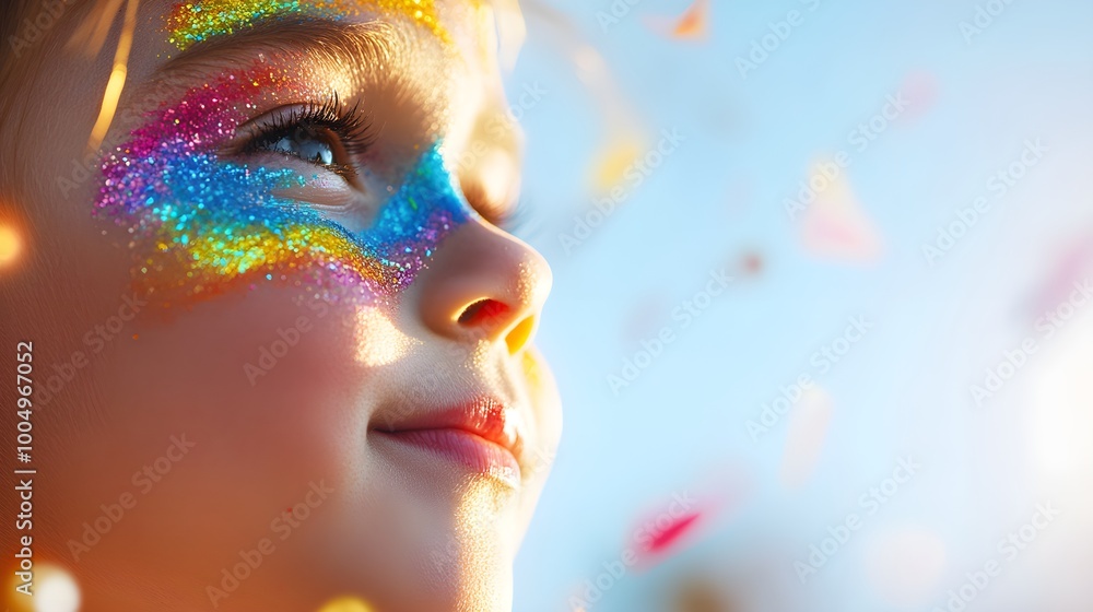 Child with vibrant rainbow tribal face paint, close-up side profile, surrounded by a joyful Pride celebration. Realistic, warm tones, dynamic lighting, high-detail face makeup Child with vibrant rainbow tribal face paint, close-up side profile, surrounded by a joyful Pride celebration. Realistic, warm tones, dynamic lighting, high-detail face makeup