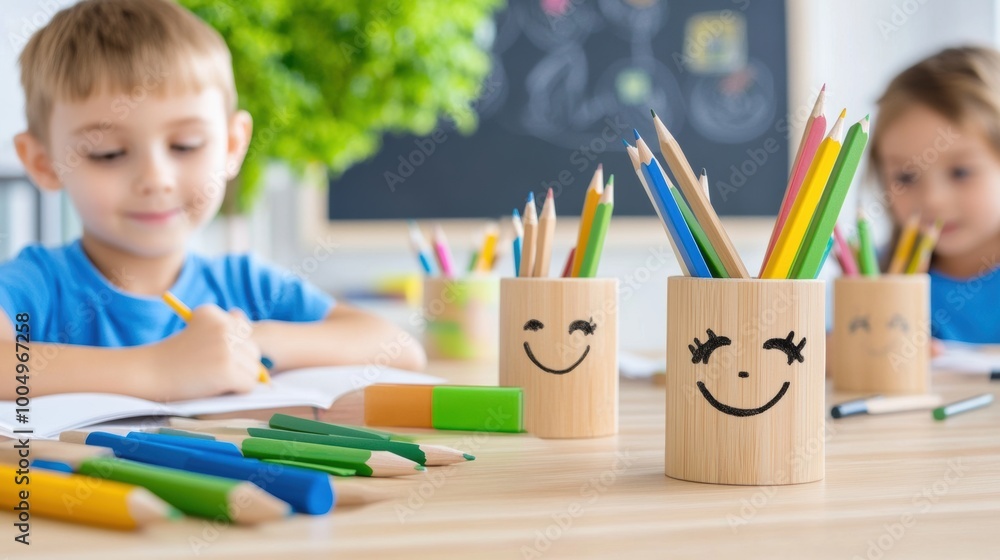 Happy Children Engaged in Creative Drawing Activity Happy Children Engaged in Creative Drawing Activity