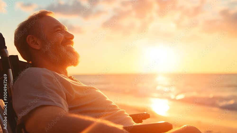 Close-up of a happy man with a beard in a wheelchair, relaxing by the beach, sun rays shining on his face, ocean breeze in the background. Realistic, warm tones, sharp detail, calm setting