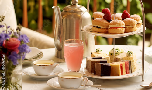 Afternoon tea in the restaurant garden, English tradition and luxury service, tea cups, cakes, scones, sanwiches and desserts, holiday table decor and afternoon tea stand, post-processed, generative