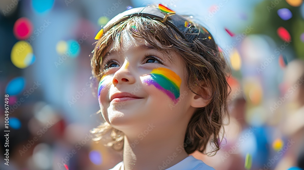 Close-up of a young child wearing rainbow face paint, celebrating at a Pride parade, side profile, colorful confetti in the background. Realism, vibrant colors, soft lighting, energetic mood Close-up of a young child wearing rainbow face paint, celebrating at a Pride parade, side profile, colorful confetti in the background. Realism, vibrant colors, soft lighting, energetic mood